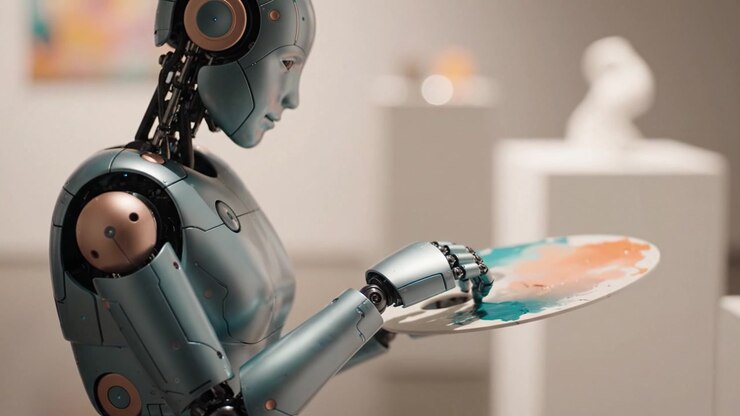 Un artista robotico futuristico tiene meticolosamente una tavolozza di colori, mostrando la perfetta fusione di tecnologia e creatività in un'ambientazione di galleria d'arte moderna