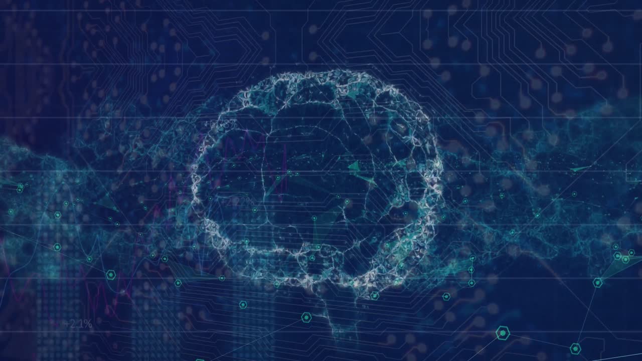animazione del cervello umano e elaborazione dei dati su una rete di connessioni