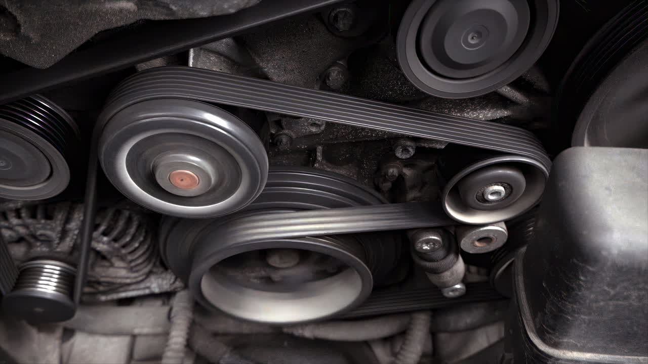Close up of car belts rotating in the engine bay