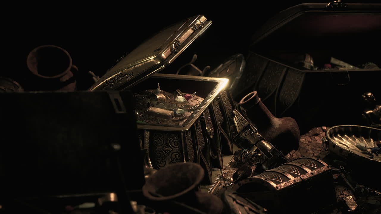 금 동전 이 들어 있는 보물 상자 를 열