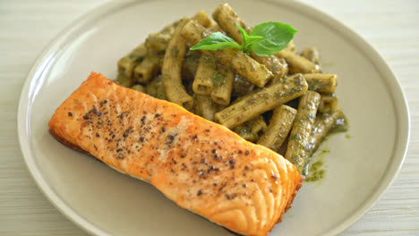 pesto-quadrotto-penne-pasta-with-grilled-salmon-fillet-steak