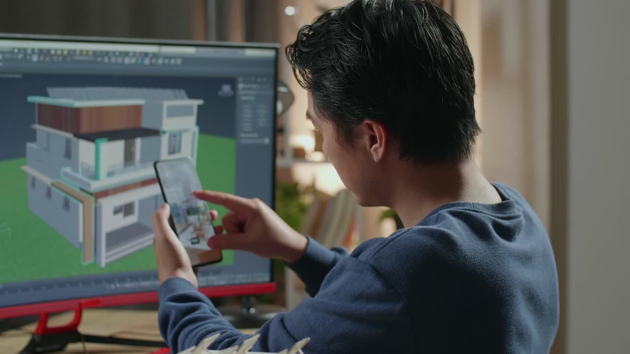 Man designing a house using 3D modeling software and a smartphone