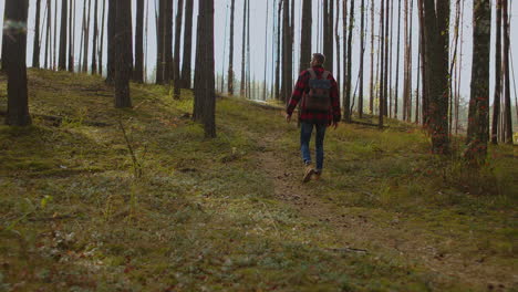 young man with backpack walking on the hill against the mountains at sunset in autumn. landscape with sporty guy meadow snowy rocks orange trees houses. high quality 4k footage