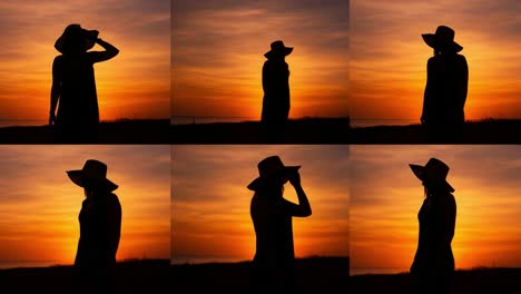 a beautiful silhouette of a person in a wide-brimmed hat against a stunning sunset, capturing the transition from day to night
