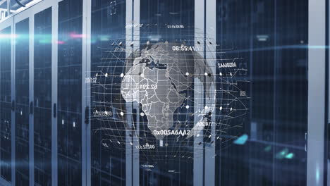 animation of spinning globe and light spot against computer server room