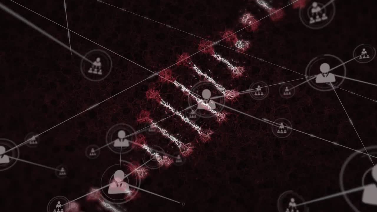 animación de la cadena de adn en movimiento a través de la red de conexión