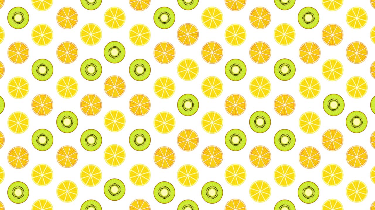 Slices of citrus fruits motion animation. Rotating citruses: Lemon, orange and kiwi. The citrus cut in half rotates. Horizontal composition, 4k video quality