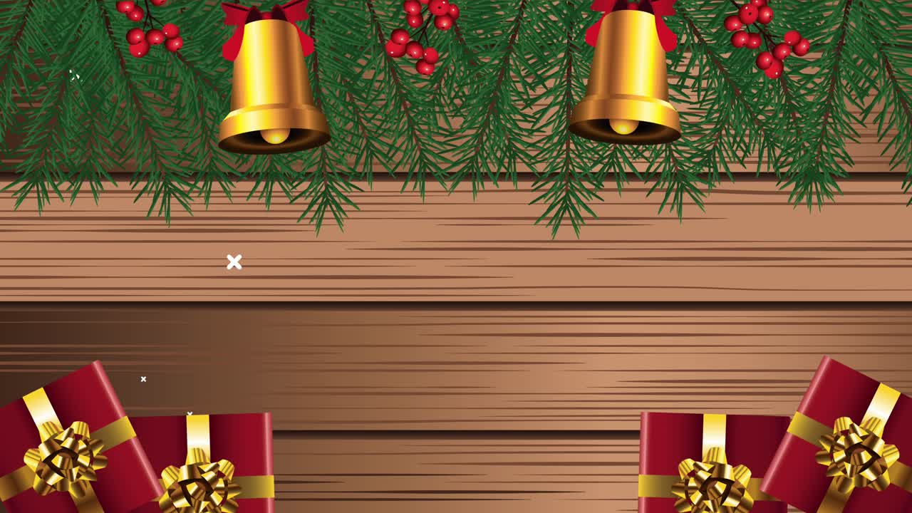 feliz navidad con campanas y regalos en fondo de madera
