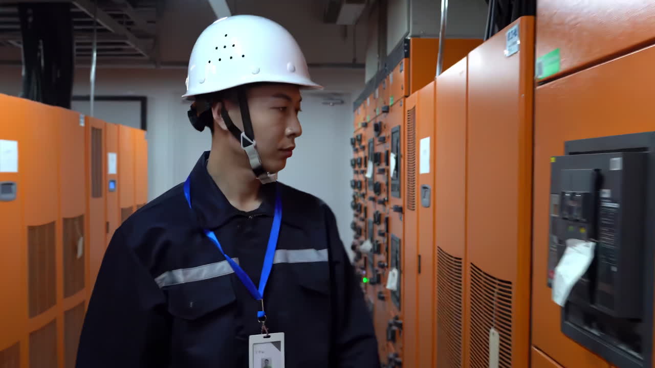 Engineer technician in safety uniform working at factory server electric control panel room. Industrial technician worker maintenance checking power system at manufacturing plant room