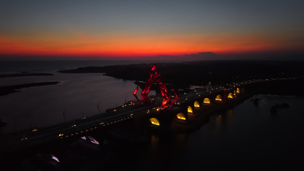 Aerial view of the Pandansimo Bridge at sunset, Bantul, Yogyakarta, as part of the southern ring road route of Java