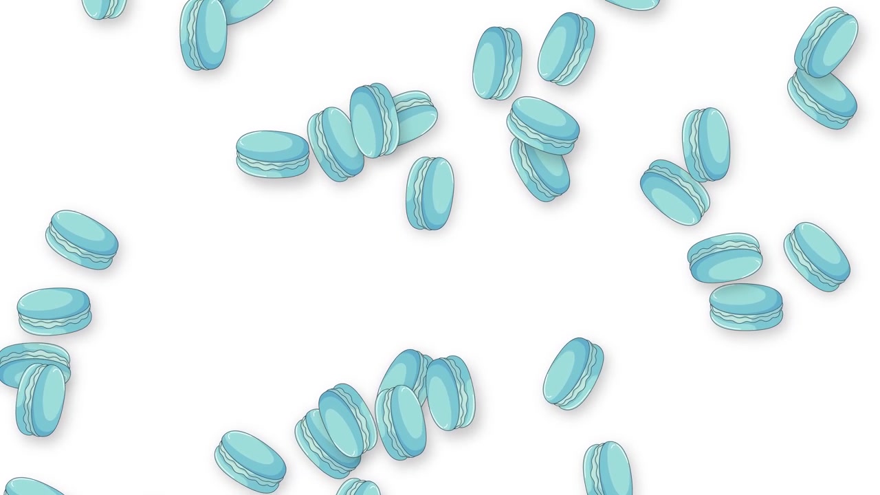 Macaron francesi azzurri cadono e rotolano in uno spazio bianco in un'animazione minimalista.
