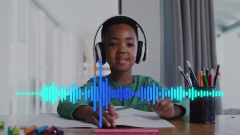 animation of african american boy wearing headphones over light trails