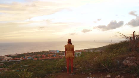 Full-body-of-a-young-woman-looking-at-a-sunset-in-a-dress