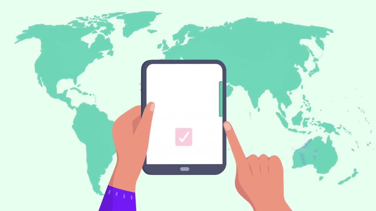 animación del mapa del mundo sobre las manos usando una tableta
