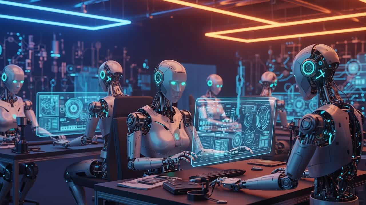 Futuristic Workspace: A Group of Advanced Robots Collaborate in a High-Tech Environment, Engaged in Complex Programming Tasks with Interactive Displays and Dynamic Lighting