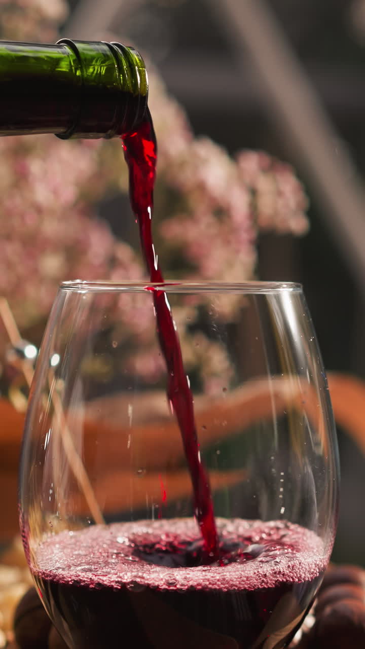 Wineglass filling with alcoholic drink closeup. Natural red wine evokes sense of festivity and creating party-like atmosphere. Romantic evening time