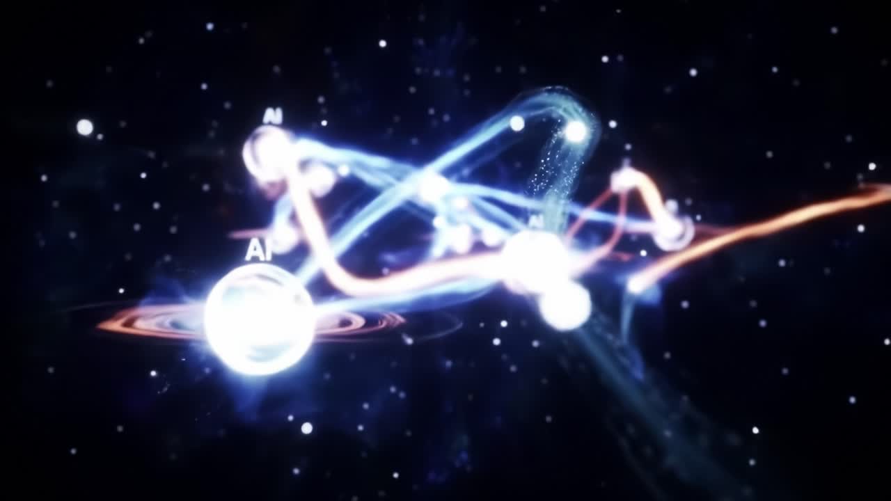 A dynamic visualization showcases the interaction of artificial intelligence within a cosmic setting.