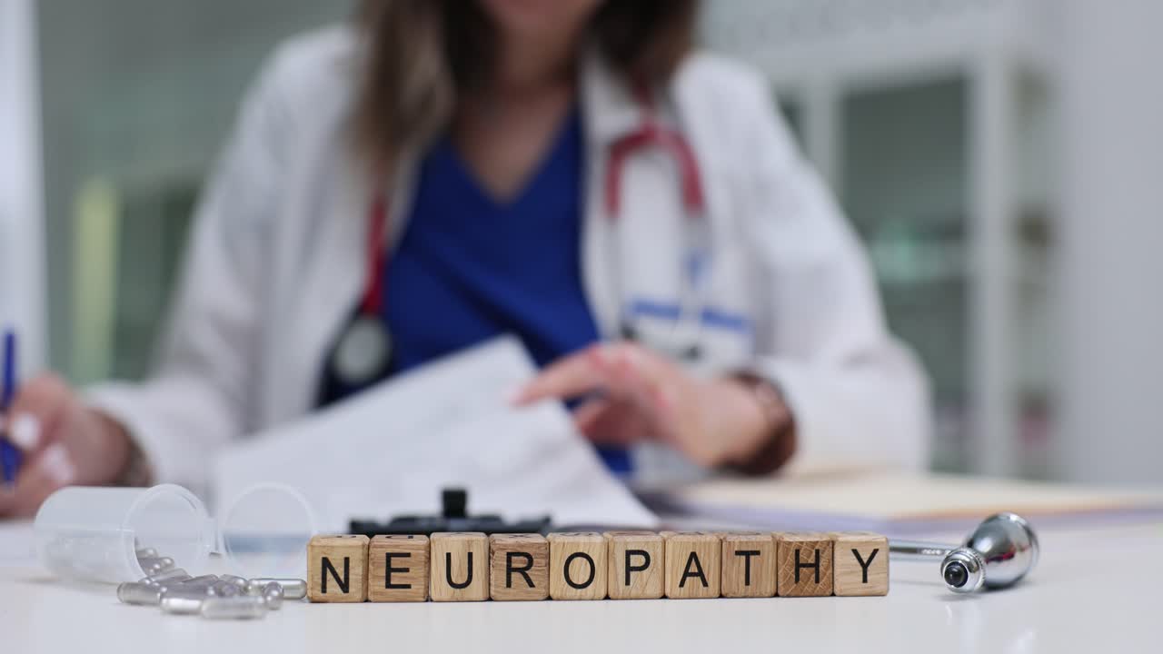 Ordet Neuropati stavet på et skrivebord med en læge, der arbejder i baggrunden