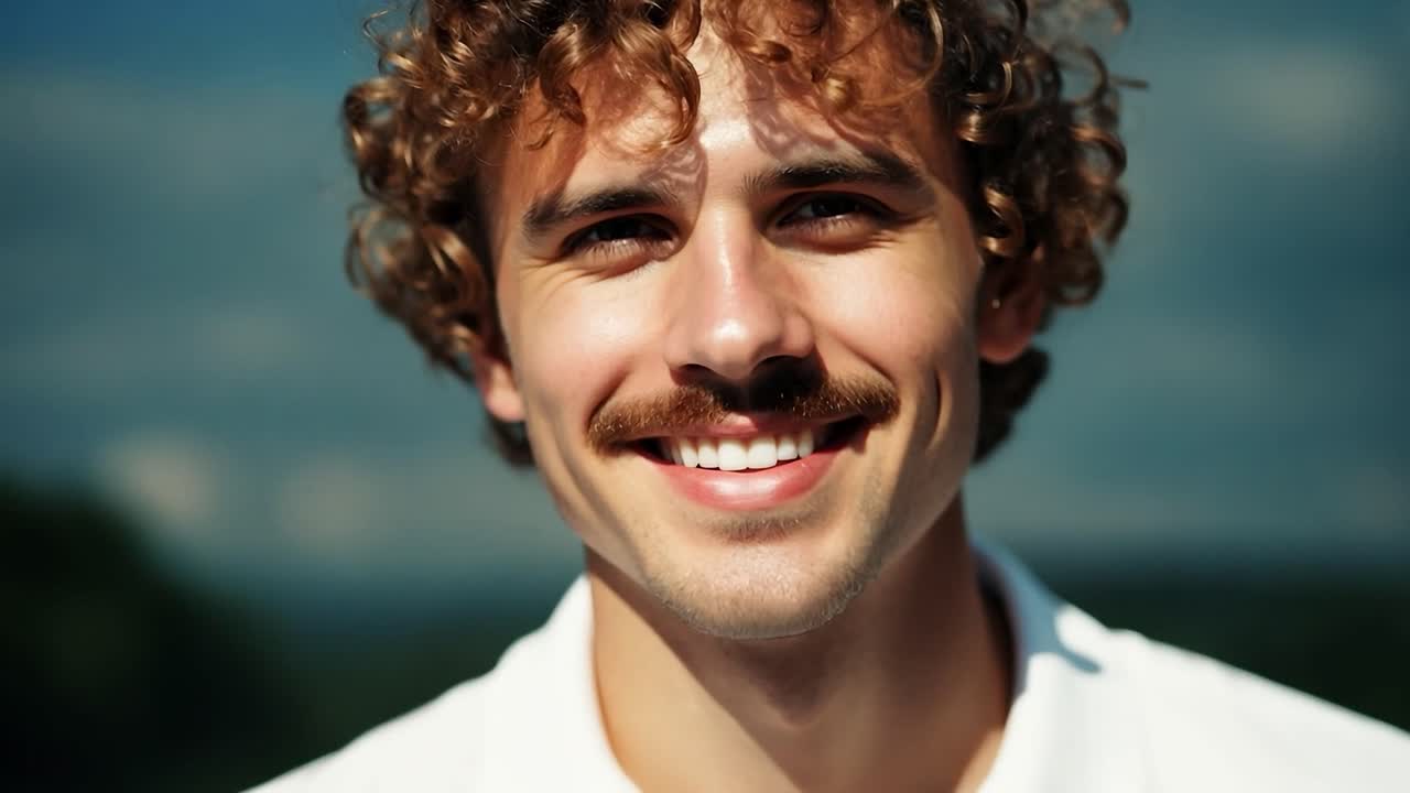 retrato de un hombre sonriente con cabello rizado y bigote