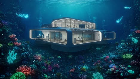 an innovative underwater habitat: exploring the synergy between modern architecture and marine ecosystems in a stunning aquatic environment