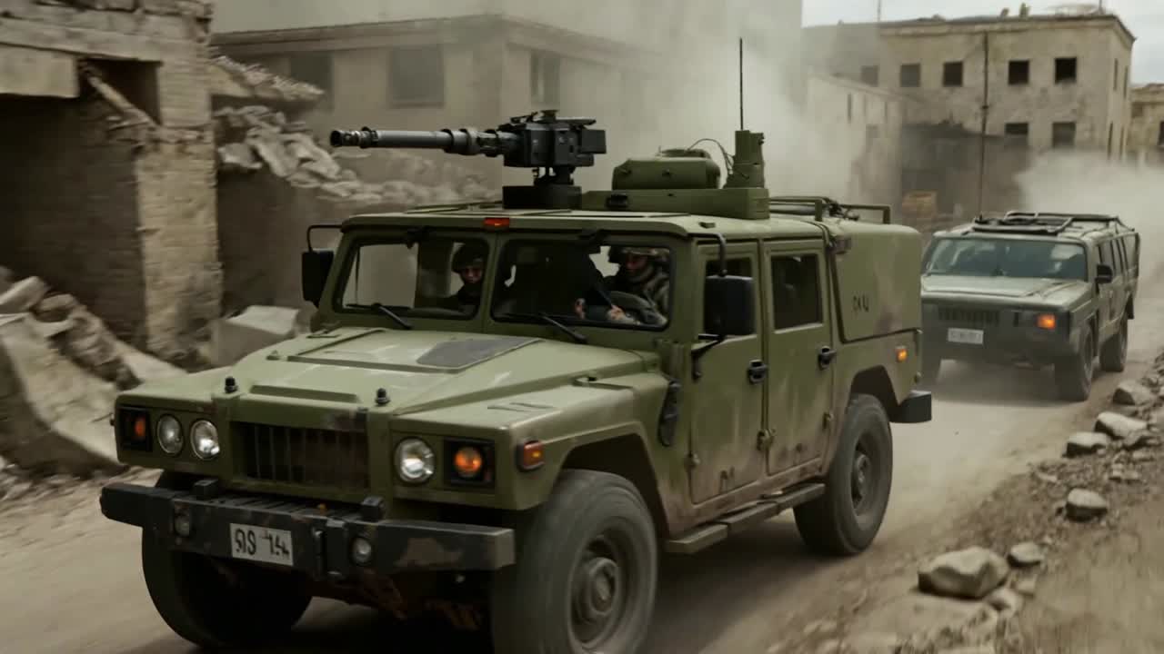 Convoglio militare che attraversa una strada cittadina dilaniata dalla guerra