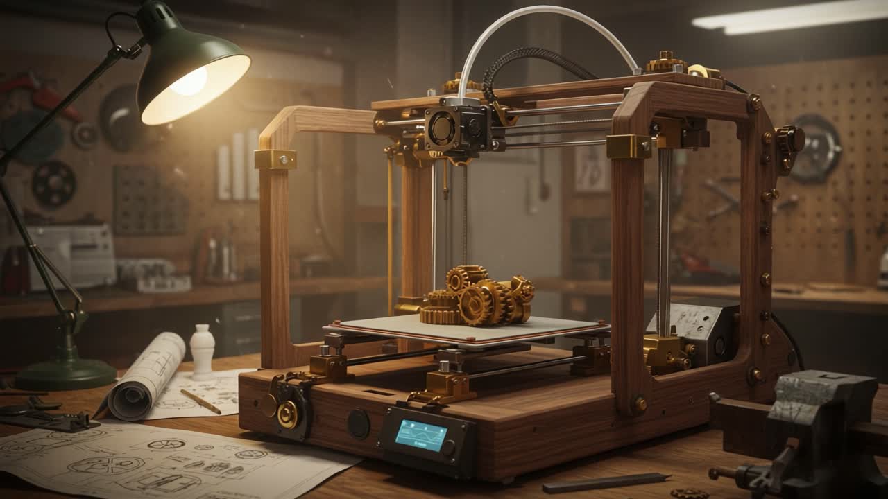 A Detailed Look at a Sophisticated 3D Printer in a Workshop Setting, Showcasing Intricate Gear Design and Warm Ambient Lighting for a Creative Atmosphere