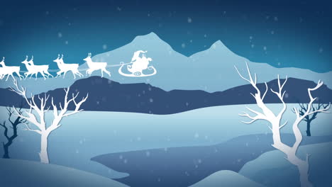 animation of santa claus in sleigh with reindeer over snow falling and winter landscape
