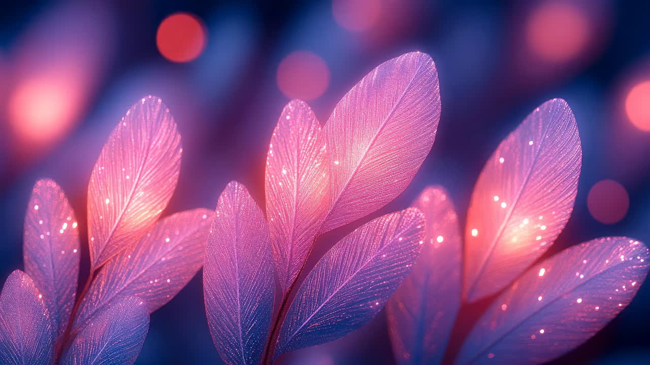 Colorful leaves glow softly in a dark background with light shining through the veins of the leaves highlighting details