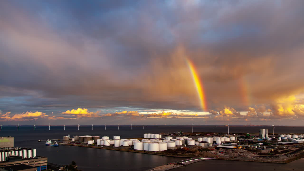 timelapse de la costa industrial de copenhague con el puente de oresund y el arco iris