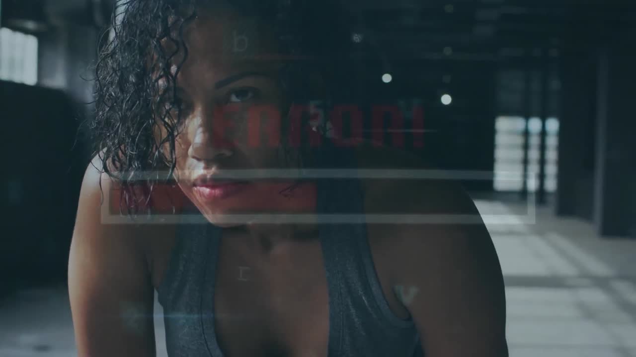 Animation of data processing over african american sportswoman at gym