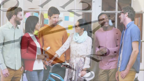 animation of moving clock over diverse colleagues having meeting in office