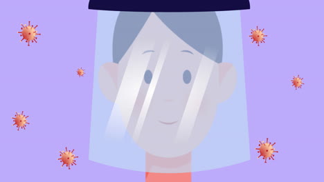 animation of woman with face shield over virus cells icons