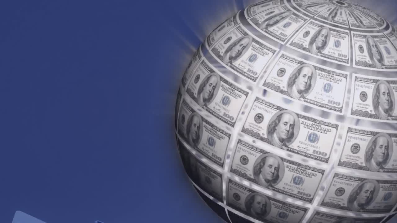 Animation of globe formed with american dollar bills over payment terminal