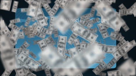 animation of dollar bills rising over blue credit card, on black background