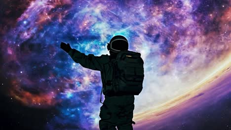 un astronauta en un paisaje alienígena apunta a una nebulosa vibrante, capturando la majestuosidad y el misterio de la exploración espacial.
