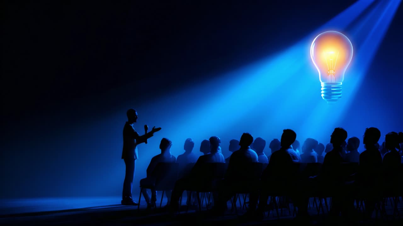 A captivating scene in an auditorium where a speaker passionately engages an audience, illuminated by a giant light bulb symbolizing ideas and innovation in a dramatic blue atmosphere