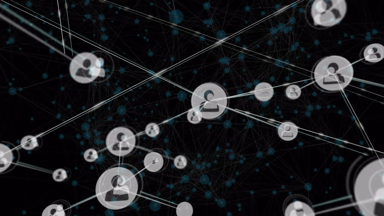 Animation of growing network of people icons transferring data over connected green hubs