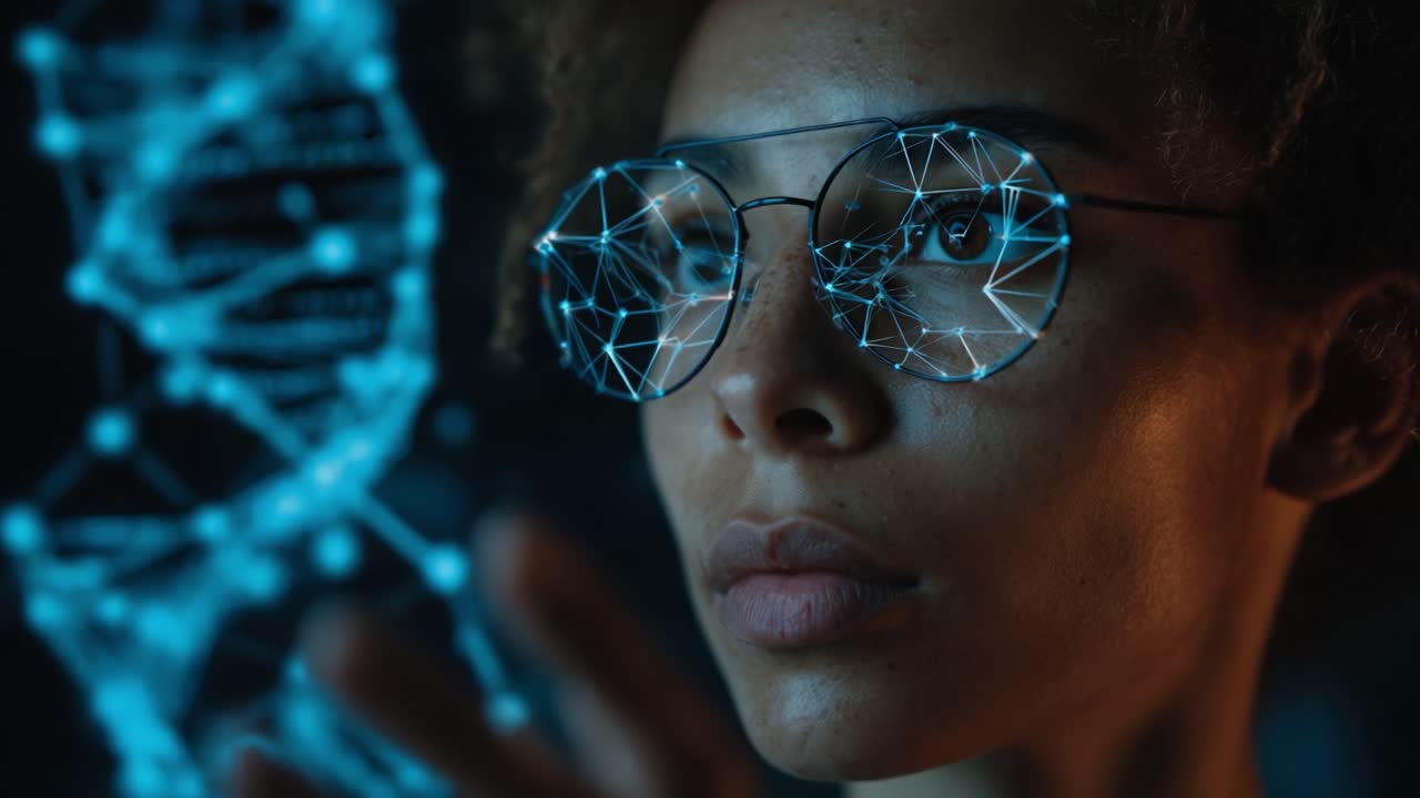 Exploring the Wonders of Genetics and Technology: A Close-Up of a Person with Futuristic Glasses Visualizing DNA Structures in a Digital World