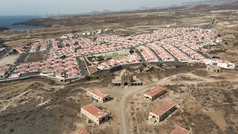 Aerial-view-of-an-abandoned-church-in-Abades-Sanatorium,-Tenerife