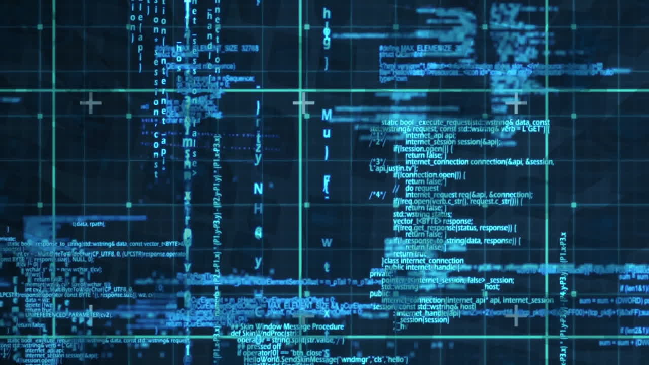 Digital code and data processing animation over blue grid background