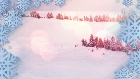 Animation-Von-Fallendem-Schnee-Und-Schneeflocken-Sowie-Leuchtenden-Lichtflecken-über-Der-Winterlandschaft