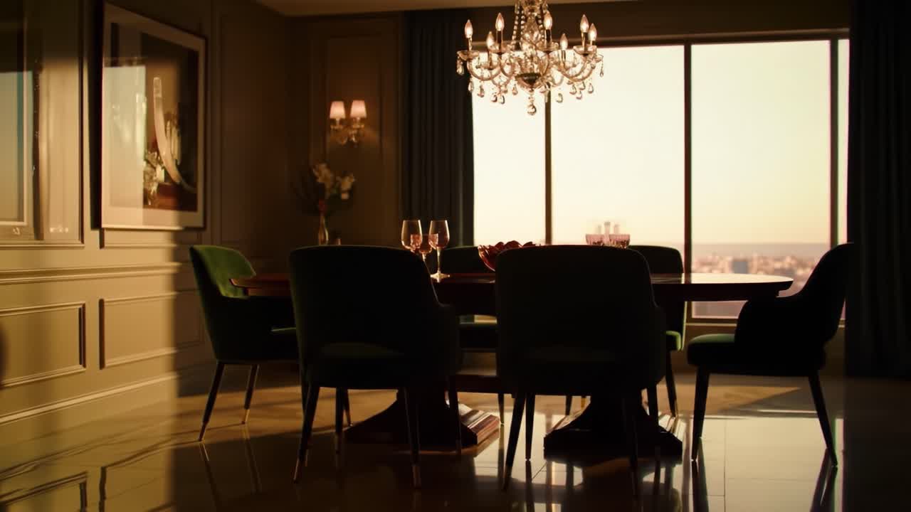 Elegant Dining Room at Sunset: A Cozy Ambiance with Luxe Decor, Beautiful Lighting, and an Inviting Table Set for a Special Gathering