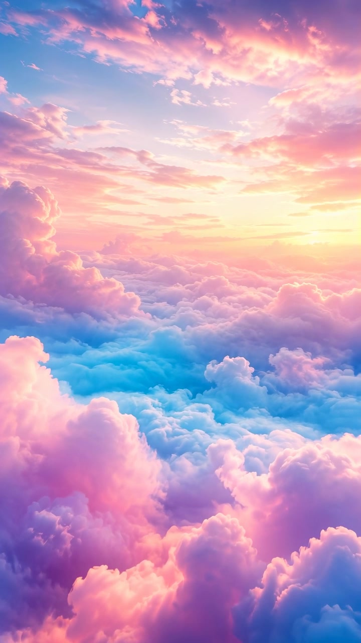 Forward motion carries viewer above layered clouds beneath soft pink, violet, and blue sky, while warm light spreads along horizon and rounded cloud forms gradually fill frame.