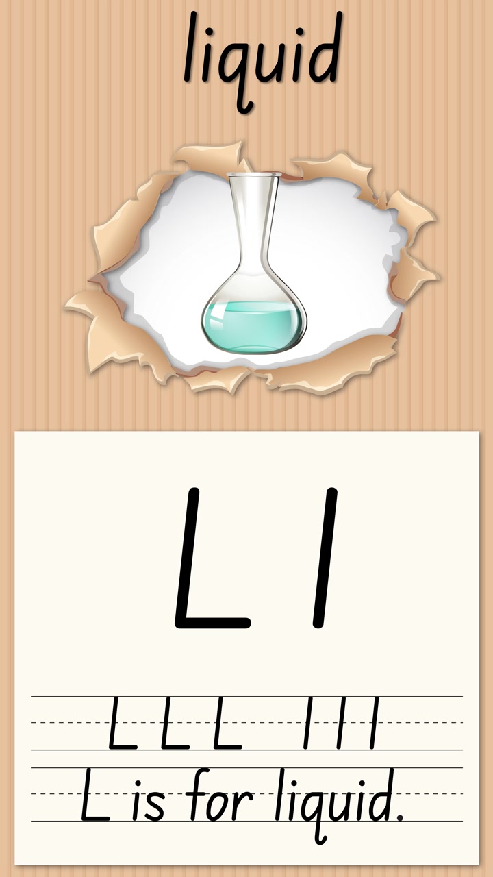 Vertical educational video teaches the letter L using a chemical flask and handwriting practice exercises