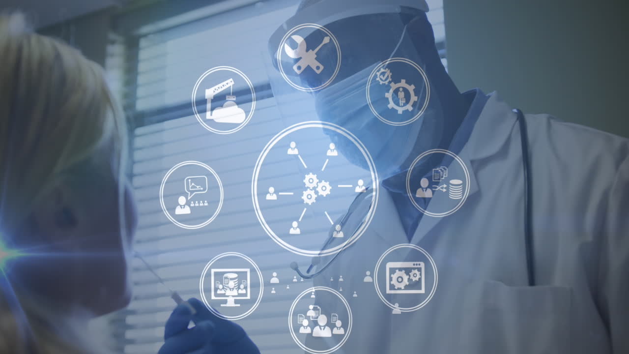 animación de iconos digitales procesamiento de datos sobre médico afroamericano de sexo masculino con máscara facial