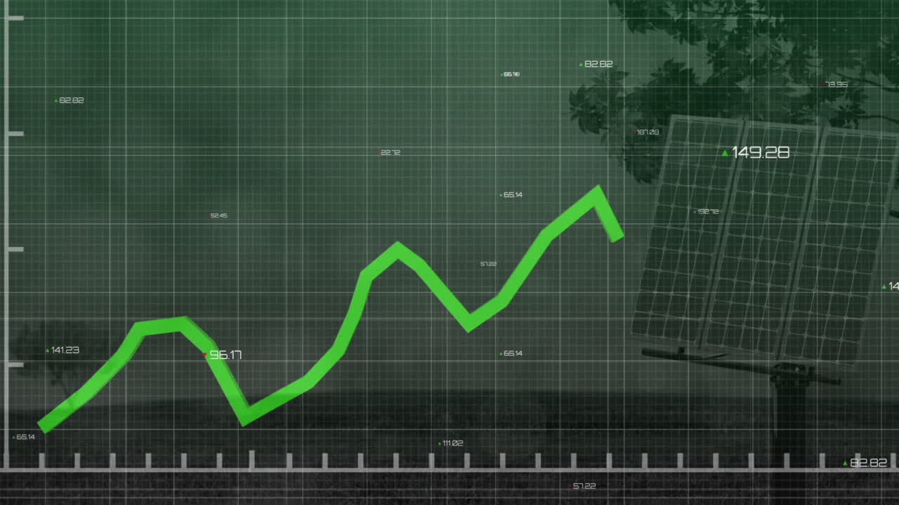 Animation of fluctuating green graph line over solar panel with tree silhouette