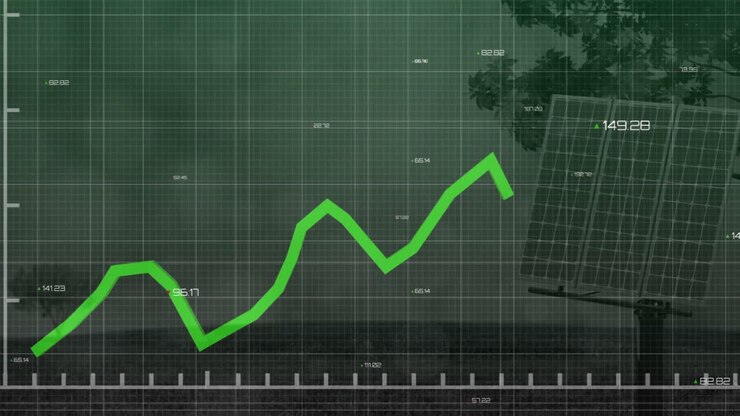 Animation of fluctuating green graph line over solar panel with tree silhouette