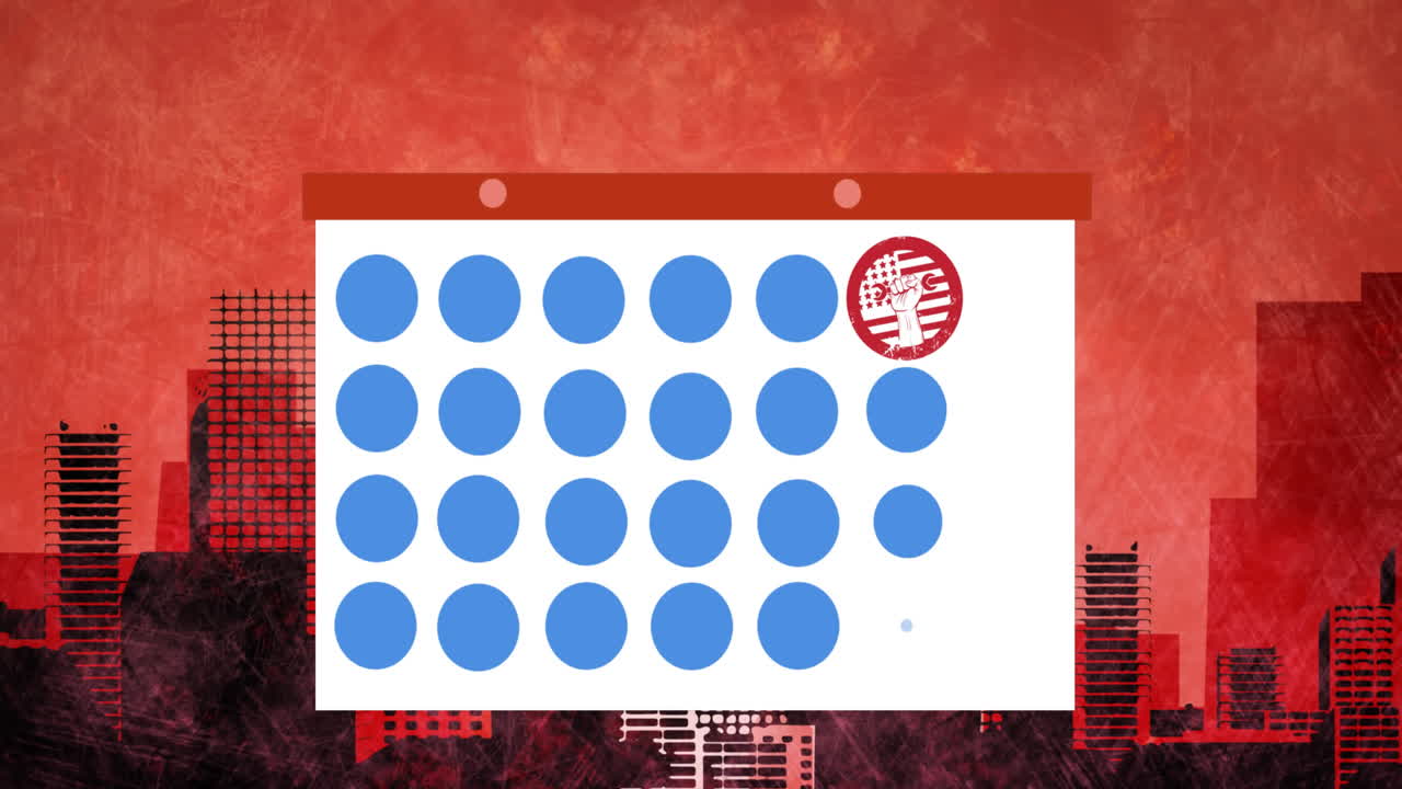 빨간색 배경 에 있는 도시 풍경 위 에 있는 달력 의 애니메이션