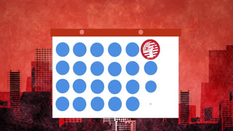 animación del calendario sobre el paisaje urbano sobre fondo rojo