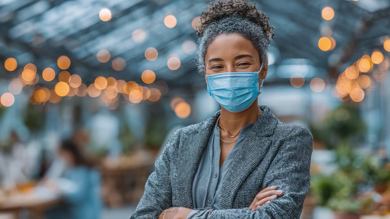 Confident Woman with Mask Smiling in a Brightly Lit Indoor Space, Radiating Positivity and Professionalism Amidst a Global Health Context
